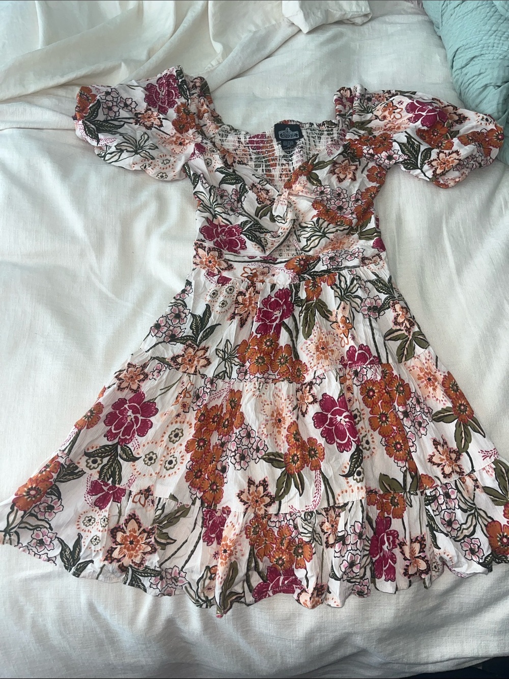 Angie Floral Smocked Mini Dress in White, Pink & Orange